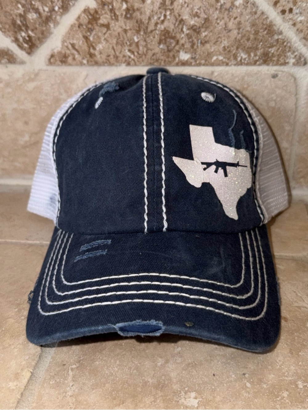 Women’s Texas distressed mesh trucker hat cap one size Ponytail back Navy blue